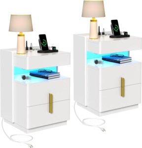 YITAHOME Nightstand with Charging Station & LED Lights, Night Stands with 2 Drawers for Bedroom, Modern Fashion Bedside Tables with USB Ports and Outlets, Set of 2, Gold & White