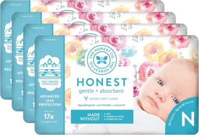 The Honest Company Diapers - Newborn, Size 0 - Rose Blossom Print TrueAbsorb Technology Plant-Derived Materials Hypoallergenic, 32 Count (Pack of 4)